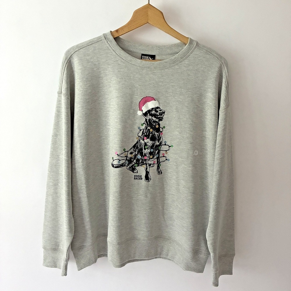Eddie Bauer Christmas Dog Women's Gray Sweatshirt Size Large Festive Casual